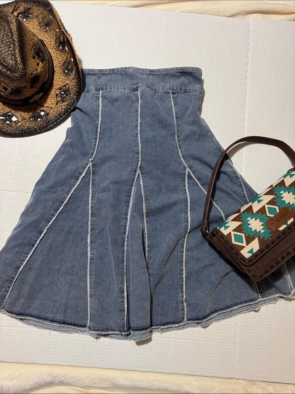 Promesa Strapless Denim Strapless Godet Mini Dress in Faded Blue w/pockets 211